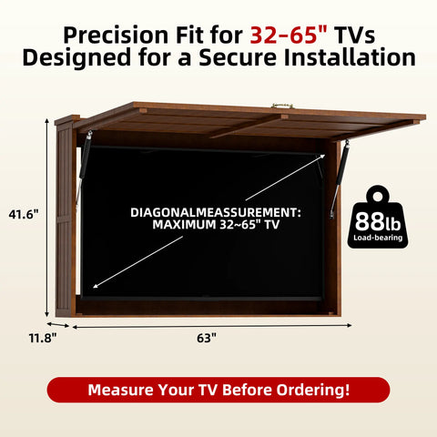 Outdoor TV Enclosure, Fit for 32-55/32-65 Inch TV, Solid Wood Wall-Mounted TV Cabinet with Dual-Arm Steel Bracket