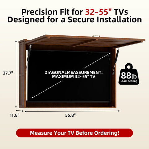 Outdoor TV Enclosure, Fit for 32-55/32-65 Inch TV, Solid Wood Wall-Mounted TV Cabinet with Dual-Arm Steel Bracket