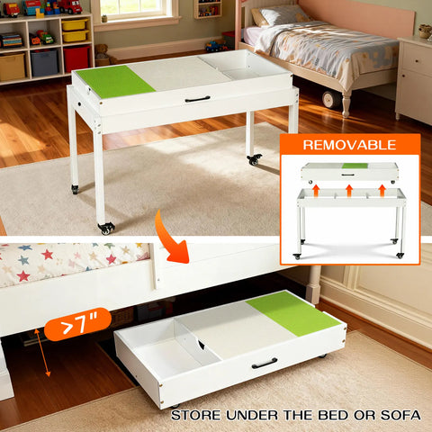 Kids Activity Table with Storage, Low Profile Rolling Toy Organizer, Building Block Play Table Compatible with Lego (Optional table legs available)