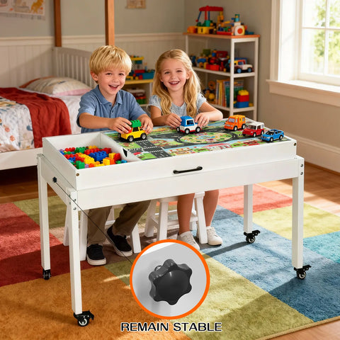 Kids Activity Table with Storage, Low Profile Rolling Toy Organizer, Building Block Play Table Compatible with Lego (Optional table legs available)