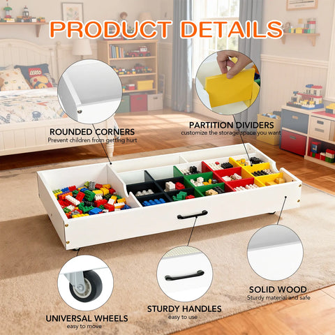 Kids Activity Table with Storage, Low Profile Rolling Toy Organizer, Building Block Play Table Compatible with Lego (Optional table legs available)