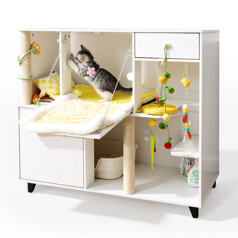 41.3"x19.7"x36.2" Double Cat Litter Box Enclosures，Hidden Litter Box Furniture with Built-in Outlet-Multi-Level 2 Cats with Scratching Post and Storage, Dual cat Litter Cabinet for 2 Litter Boxes
